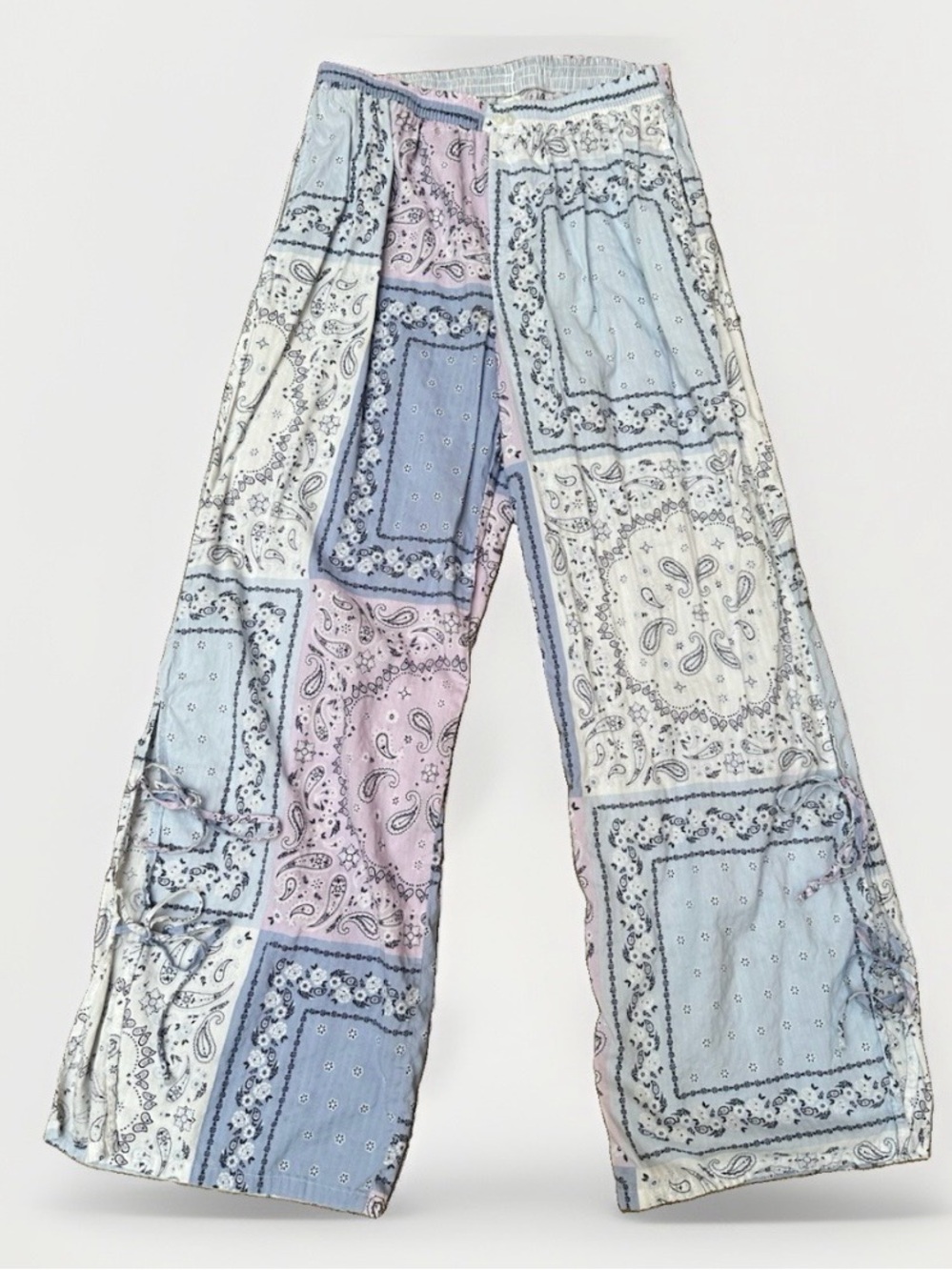 SOLDSize Medium Wide Leg Pants Patchwork Cotton Modal Blue Coastal Boho Beachy